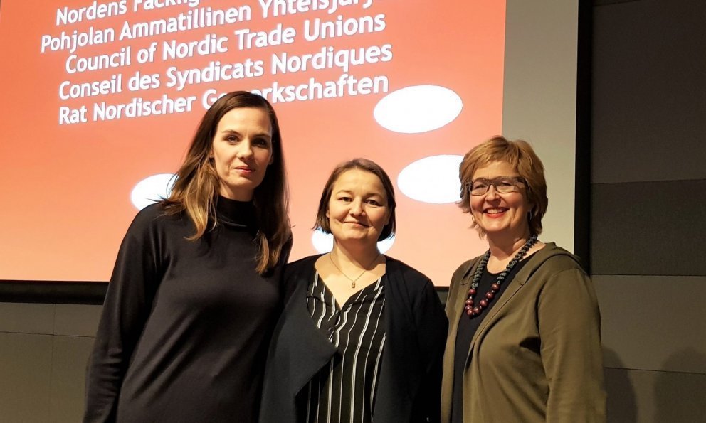 Sonja Ýr Þorbergsdóttir formaður BSRB, Drífa Snædal forseti ASÍ og Þórunn Sveinbjarnardóttir formaðu…