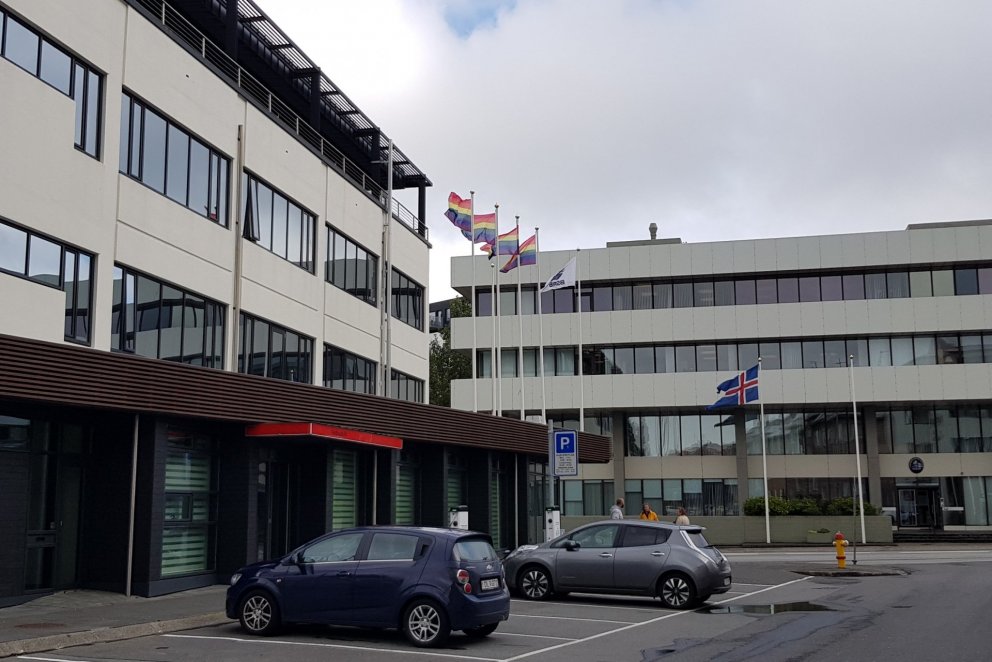 Regnbogafánarnir eru komnir upp við húsnæði BSRB við Grettisgötuna.