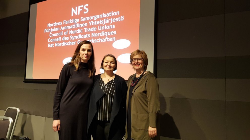 Sonja Ýr Þorbergsdóttir (t.v.), Drífa Snædal og Þórunn Sveinbjarnardóttir, formenn íslensku heildars…