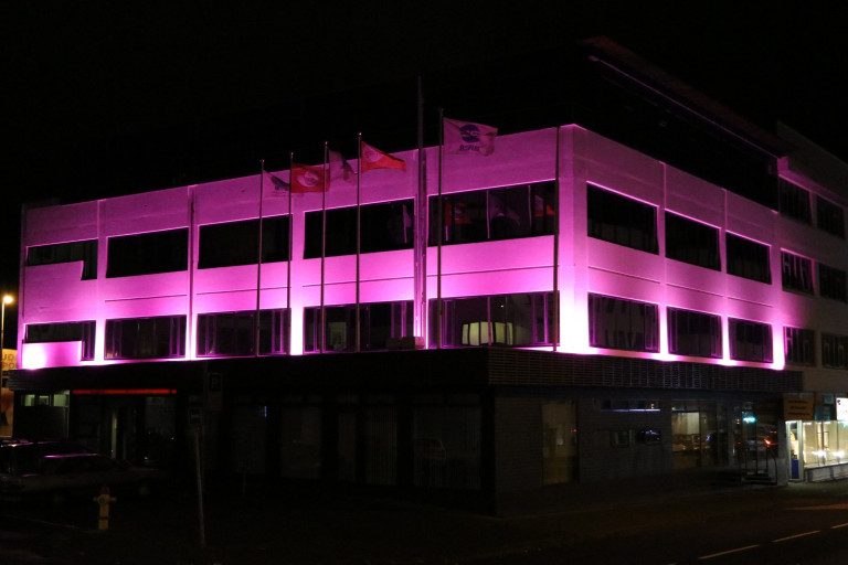 Öflugir ljóskastarar baða BSRB-húsið með bleikum lit út októbermánuð.