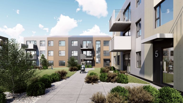 Alls verða 124 íbúðir Bjargs og Búseta reistar við Tangabryggju í Bryggjuhverfi Reykjavíkur.