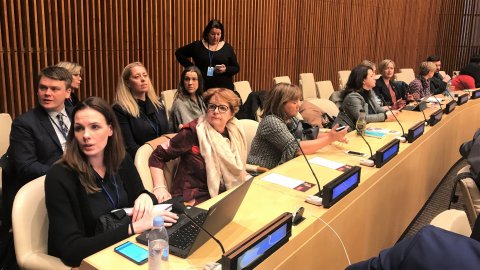 Hluti íslenska hópsins á fundi kvennanefndar SÞ. Sonja Ýr Þorbergsdóttir, formaður BSRB, er fremst t…